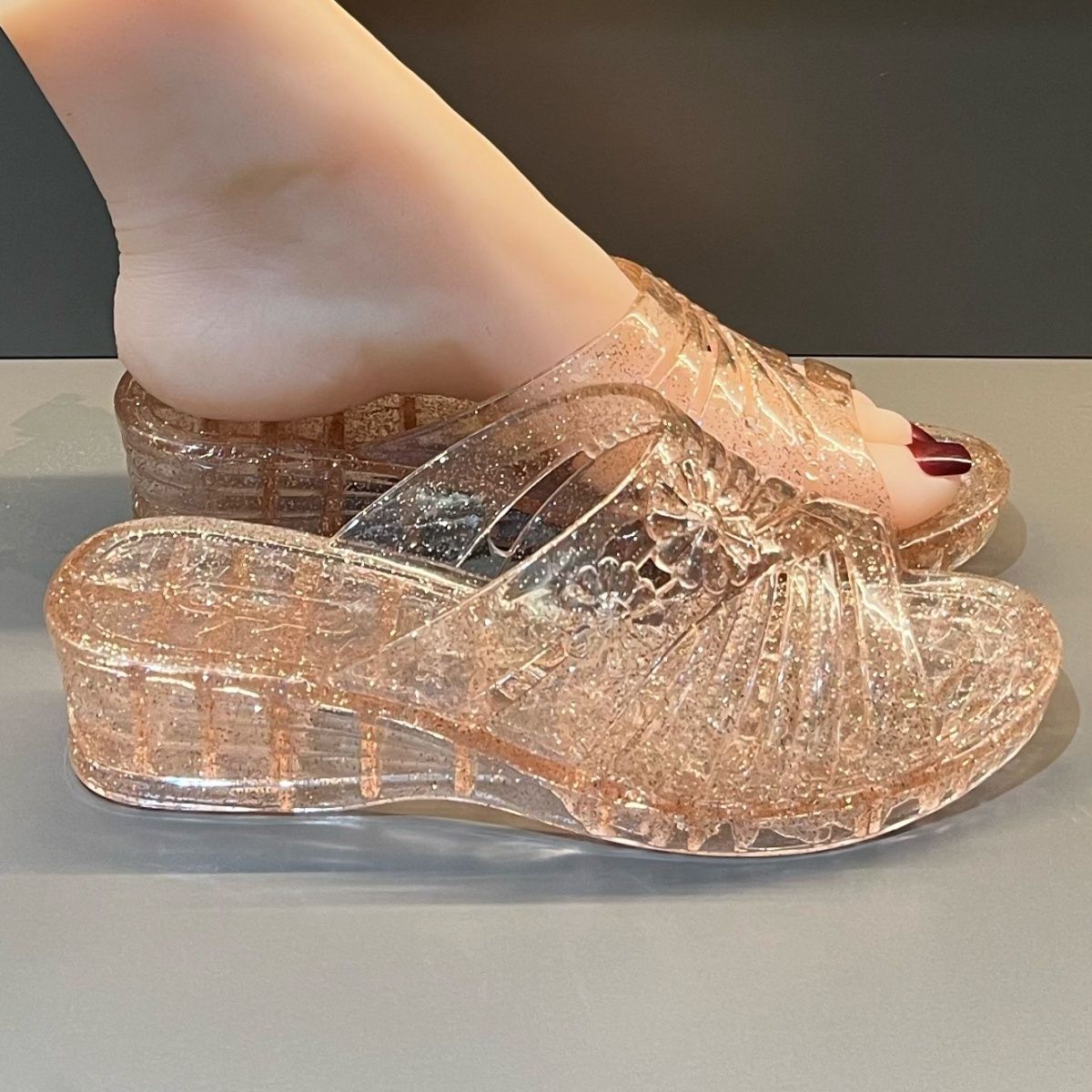 Fioletowe brokatowe sandały na – Women Shoes Wedges recenzja i cena