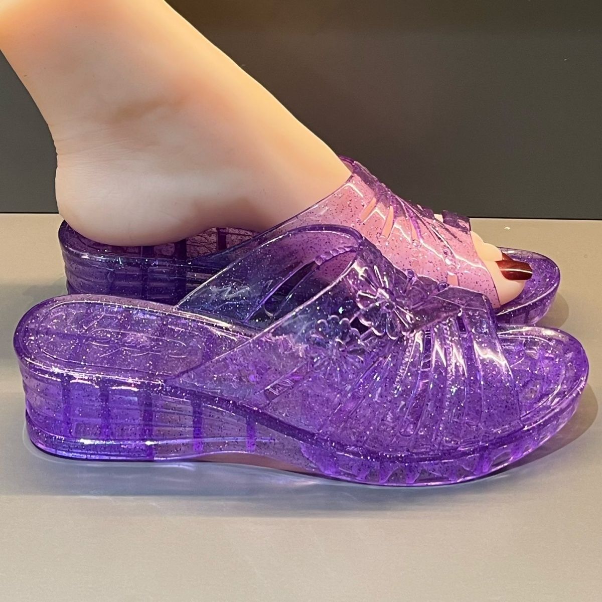 Fioletowe brokatowe sandały na – Women Shoes Wedges recenzja i cena