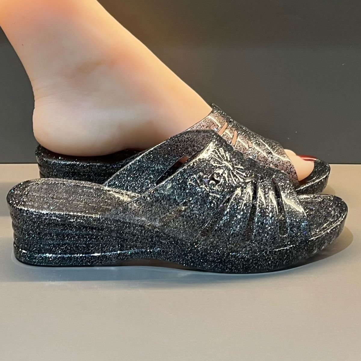 Fioletowe brokatowe sandały na – Women Shoes Wedges recenzja i cena